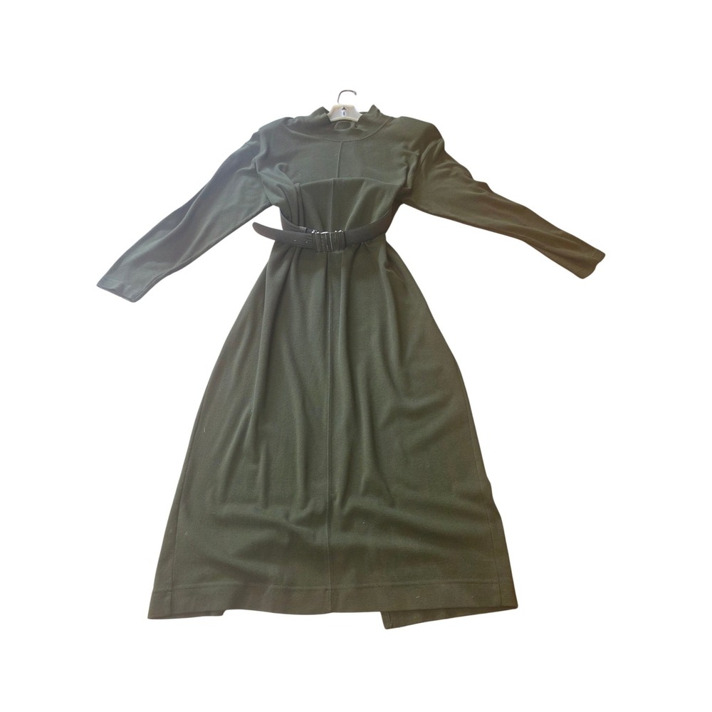 J. Christopher Olive Green Mock Neck Long Sleeve Cotton Midi Dress with Belt M
